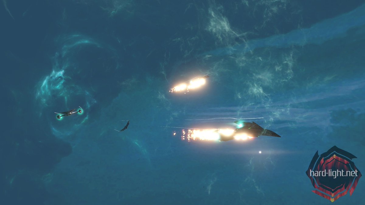 HardLightPro's tweet image. Fighters slipping through a thick nebula, far from home. (by Nyctaeus) #freespace #freespaceopen #spacesim