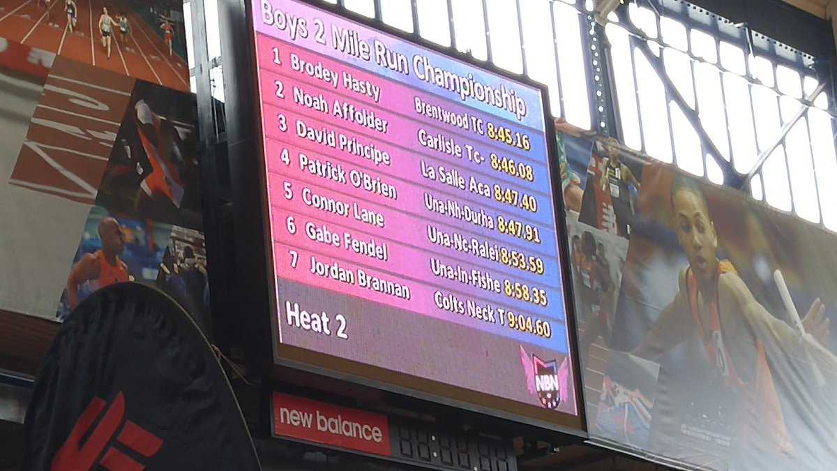 Brodie Hasty out kicks the field to run 8:45.16 US#1! Affolder second 8:46.08, six boys under 9 minutes.