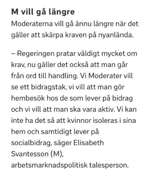 Moderaternas <a href="/ElisabethSvan/">Elisabeth Svantesson</a> kommenterar krav på nyanlända #svpol 
svt.se/nyheter/inrike…