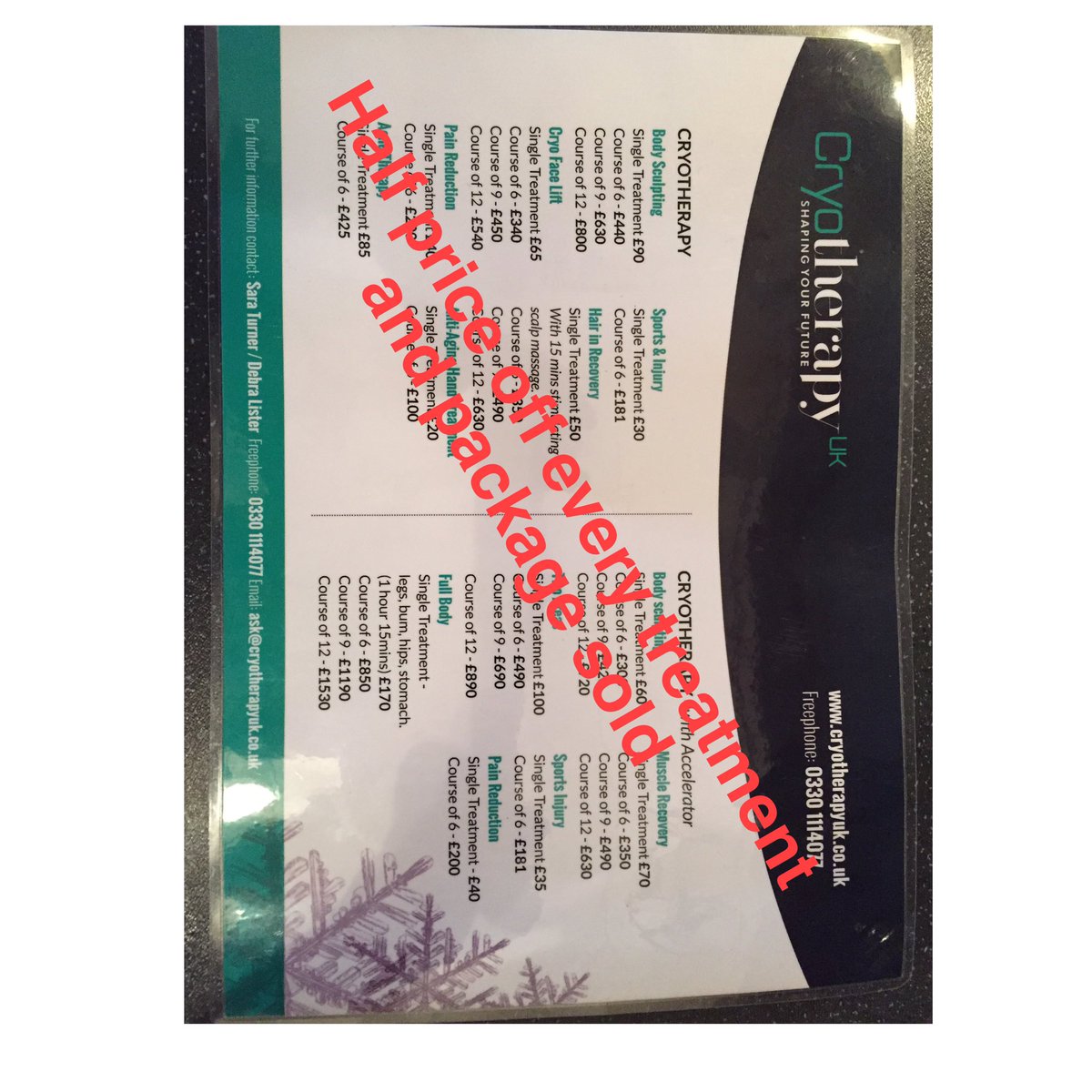 Half price cryotherapy treatments this coming Monday13th, Tuesday and Saturday. Perfect time to try cryotherapy.