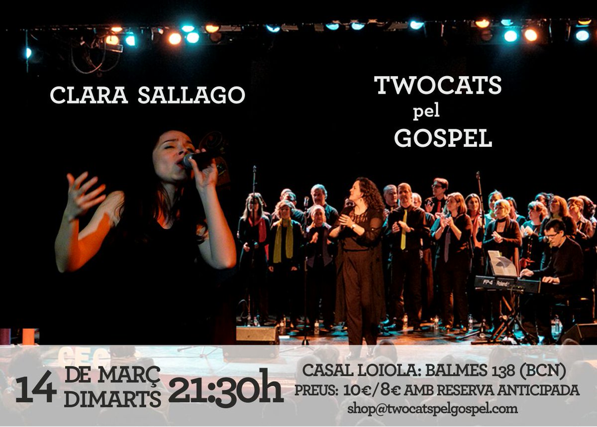 Este martes haremos un concierto muy especial, "Twocats pel Gospel" y "Clara Sallago Trío" Sus temas, mis temas, emoción compartida. Venid!!