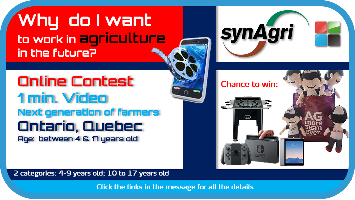 SynAgri_SEC's tweet photo. Video contest (English), 4-17 years old, East Ontario &amp; Quebec: Why do I want to work in agriculture? For more info: https://t.co/GPfIQUFtc3 https://t.co/iyUx25QDBK