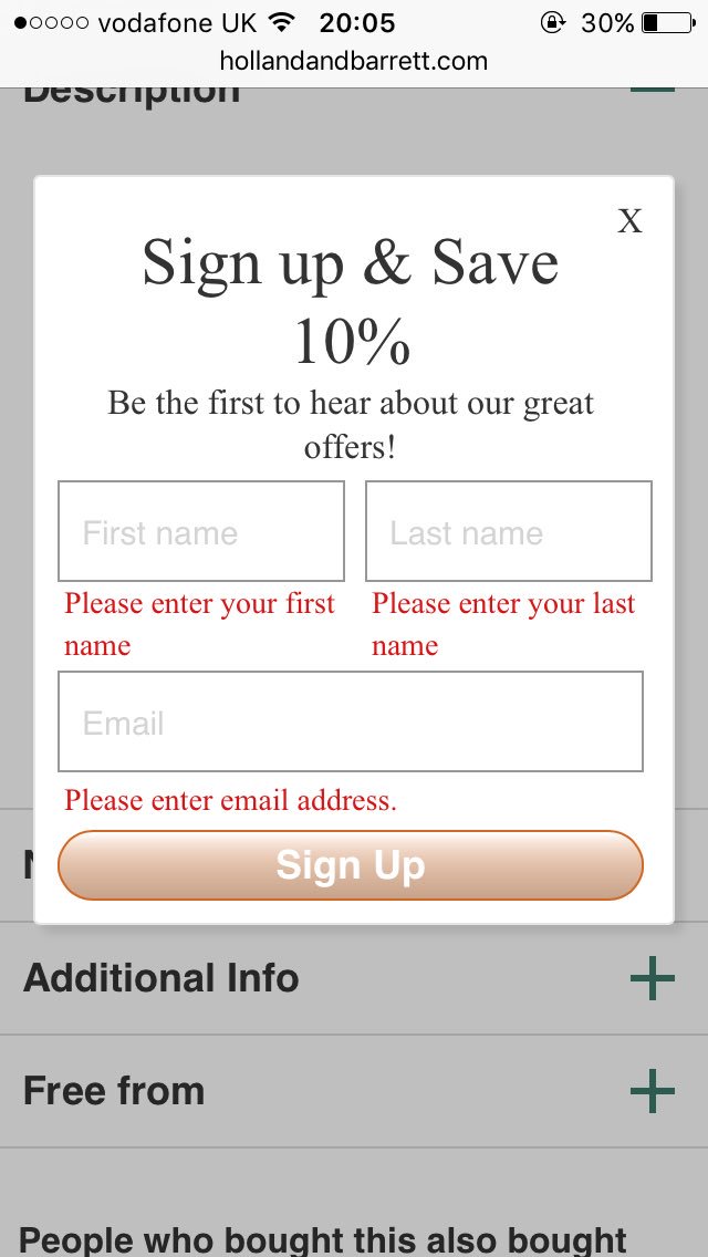 MissCatBirch's tweet photo. @holland_barrett The ad pop ups on your website are killing the user experience on mobile - wouldn't mind if the 'x' worked but it doesn't 😡 https://t.co/yKaElsNieR