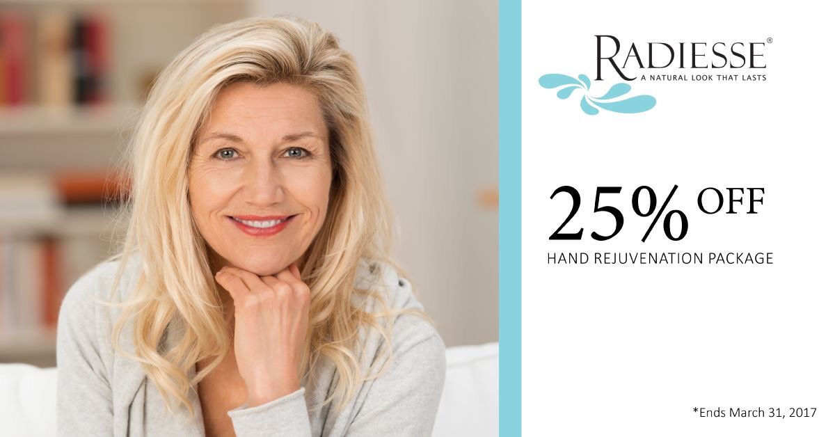 NOW through 3/31, get 25% off ur Radiesse Hand Pkg.  And, when u purchase a Fotofacial pkg for hands, receive extra 10% off. #radiesse