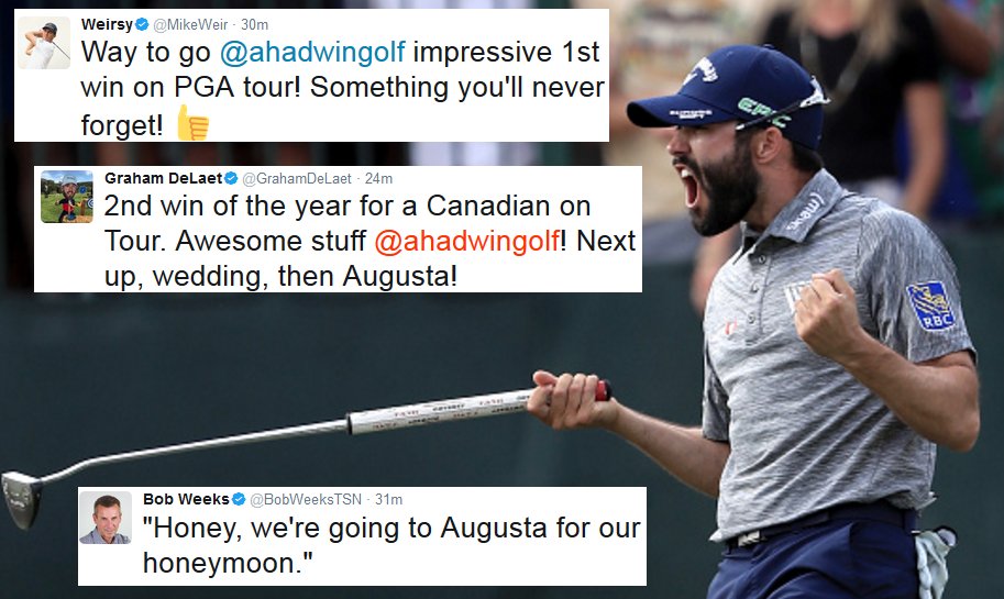 BarDown's tweet photo. The internet congratulates Canadian @ahadwingolf on capturing first PGA title, qualifying for @TheMasters: https://t.co/KxwRaCEMim https://t.co/gJr70gPT5a