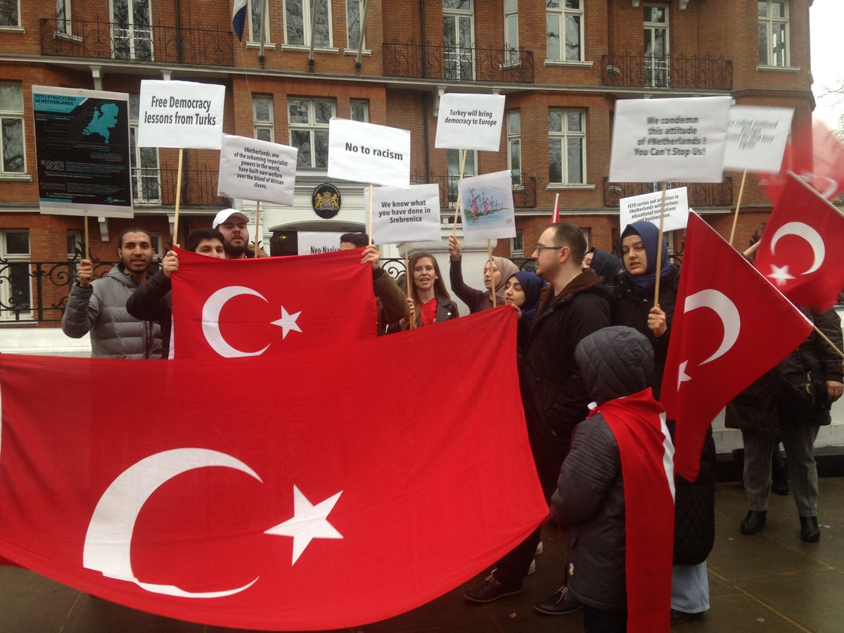 brijoyce's tweet photo. Turkish protesters outside Netherlands embassy in London. Democracy lessons from Turkey? Erdogan is a dictator, no democracy in Turkey https://t.co/Ns97qteTXt