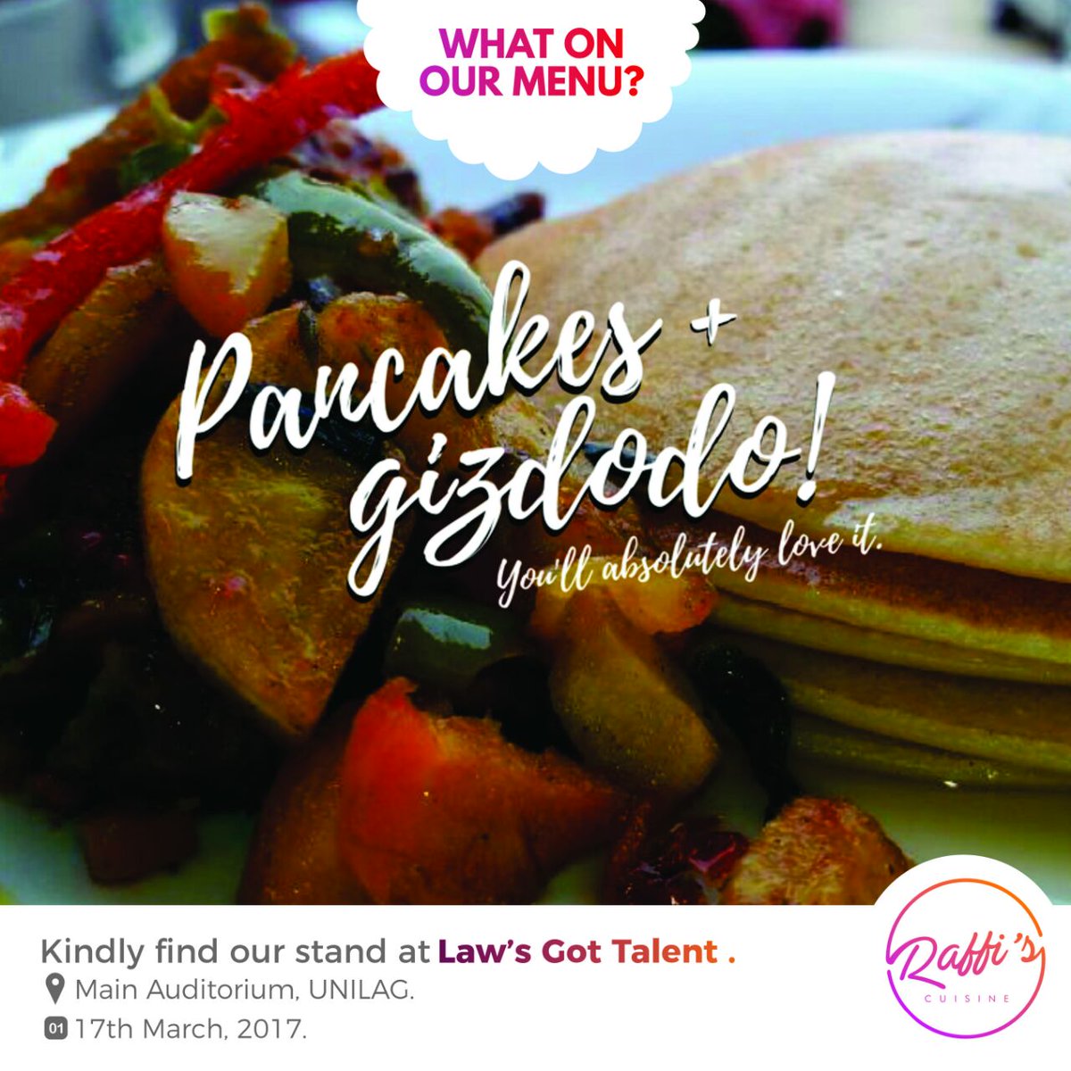 raffiscuisine_'s tweet photo. Making a public debut on the 17th March, 2017 at Law's got talent. Please Come and patronize 😙😙 https://t.co/WtWPqw17d1