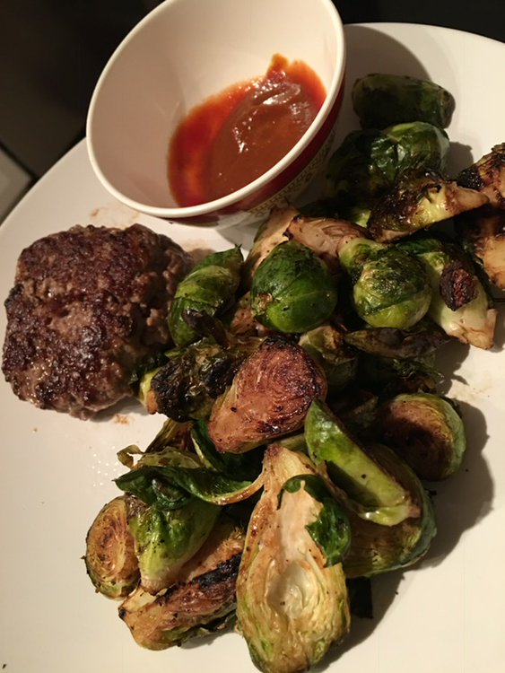 HAicholtz's tweet photo. Burgers, brussels sprouts and curry ketchup! #hanskitchen https://t.co/qwA0IGCS71