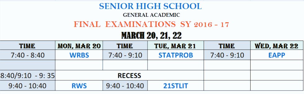 CSGpueblo2016's tweet photo. UPDATED EXAM SCHEDULE FOR SHS
As of March 13, 2017 9:05AM https://t.co/onC6sUZrJr