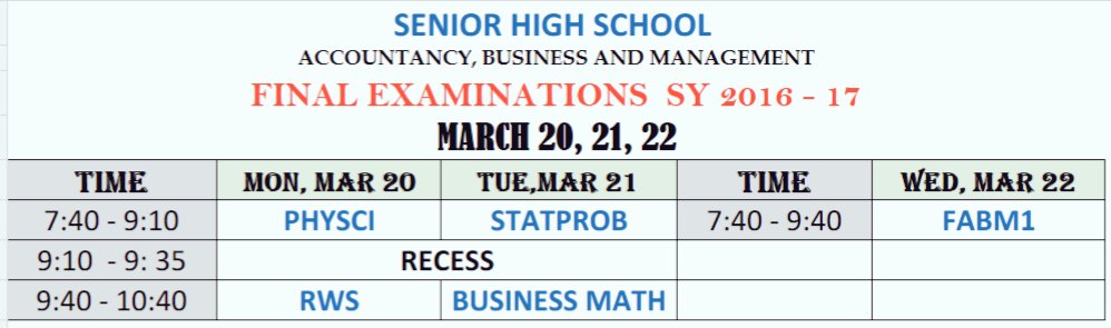 CSGpueblo2016's tweet photo. UPDATED EXAM SCHEDULE FOR SHS
As of March 13, 2017 9:05AM https://t.co/onC6sUZrJr