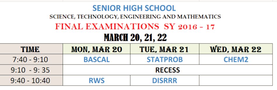 CSGpueblo2016's tweet photo. UPDATED EXAM SCHEDULE FOR SHS
As of March 13, 2017 9:05AM https://t.co/onC6sUZrJr