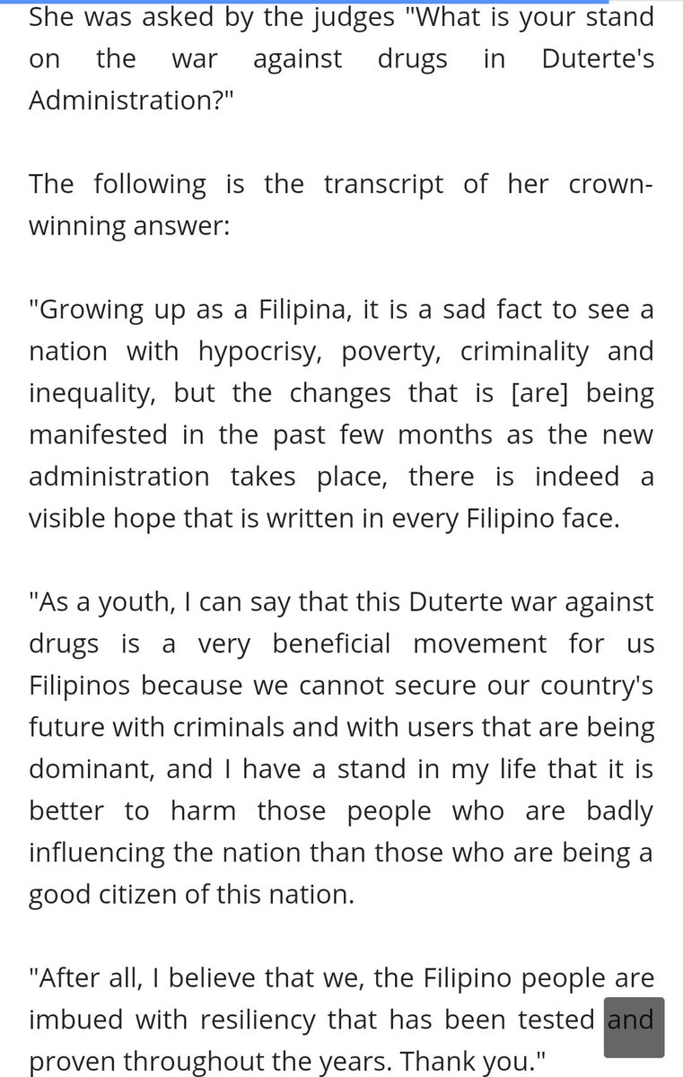 ginggaile's tweet photo. Winning answer by "Miss University Mindanao 2016".I support #WarOnNarcotics #PHThanksBBC #NaDuterteTayo #AyawSaDilaw #LeniTrolls @MochaUson https://t.co/dzJmkoMPUg