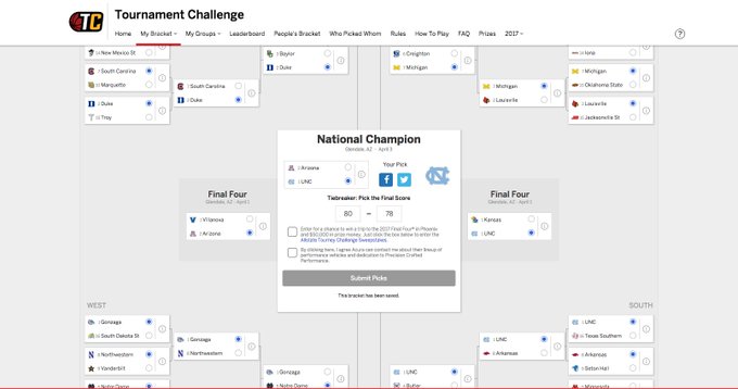 My Final 4 Bracket #NCAATournament 2017! https://t.co/iTotrexWiX