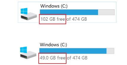 antonpham's tweet photo. Disk space before and after installing #vs2017 - A whopping 53GB required. https://t.co/py7xMjiQ7o
