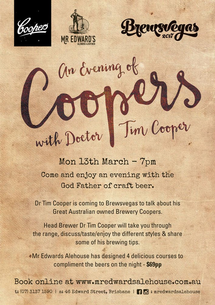 Brewsbane's tweet photo. @dowsteve An Evening of #Coopers with Dr Tim Cooper should be a hoot. 
4 Courses:
#MarriageEquality
#Homophobia
#boycottCoopers
#Auspol https://t.co/PoWsyd1FzP