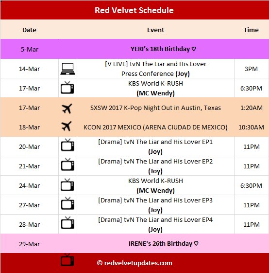RED VELVET UPDATES on Twitter: "(Updated) Red Velvet's Schedule #레드벨벳 RED VELVET UPDATES on Twitter: "(Updated) Red Velvet's Schedule #레드벨벳