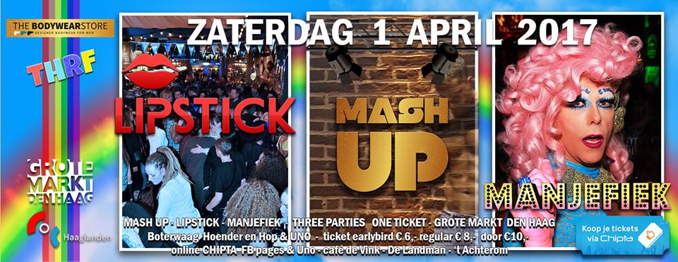 TheHaguePride's tweet photo. THRF is er weer met 3 lhbt feesten zaterdag 1 april op de @GroteMarkt 
 #thrf #lipstick #mashup #manjefiek  #hoenderenhop #boterwaag #uno https://t.co/iivHx1joTI