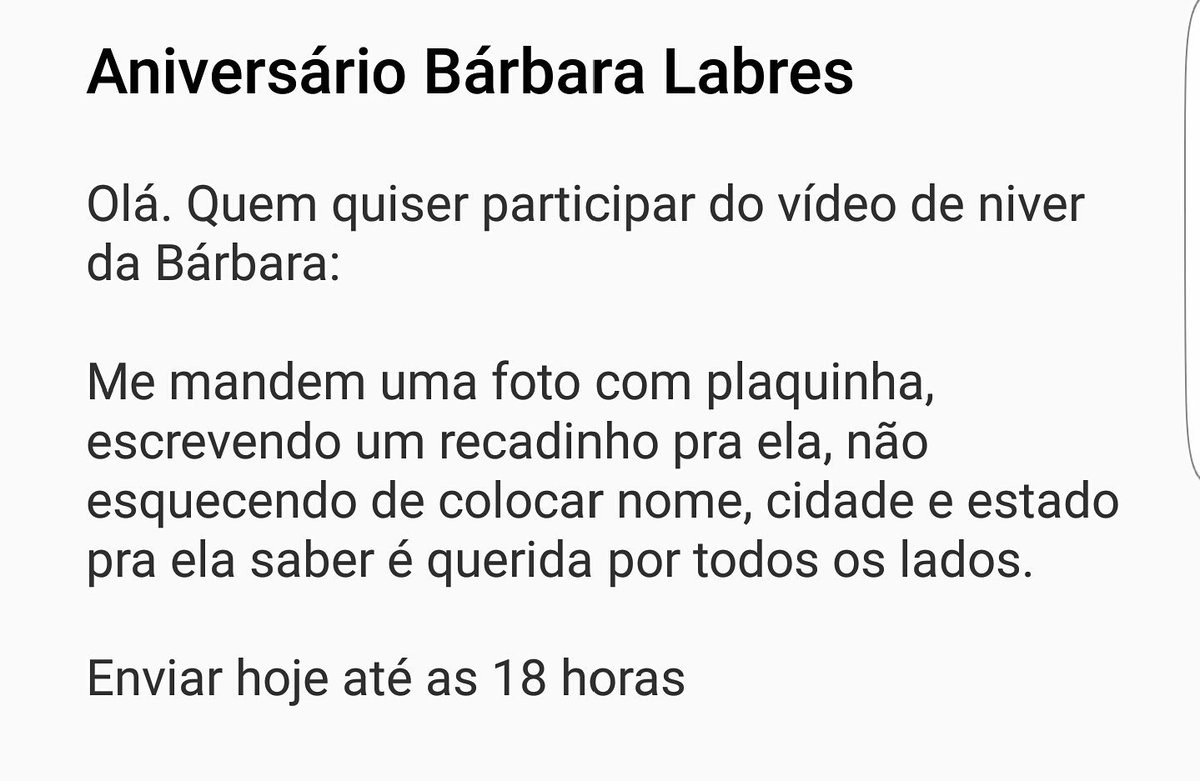 FaBarbaraLabres's tweet image. Recadinho prós fãs da @BarbaraLabres 
Niver dela é amanhã.  Então quem quiser participar o envio da plaquinha será hoje até as 18 horas 🙏