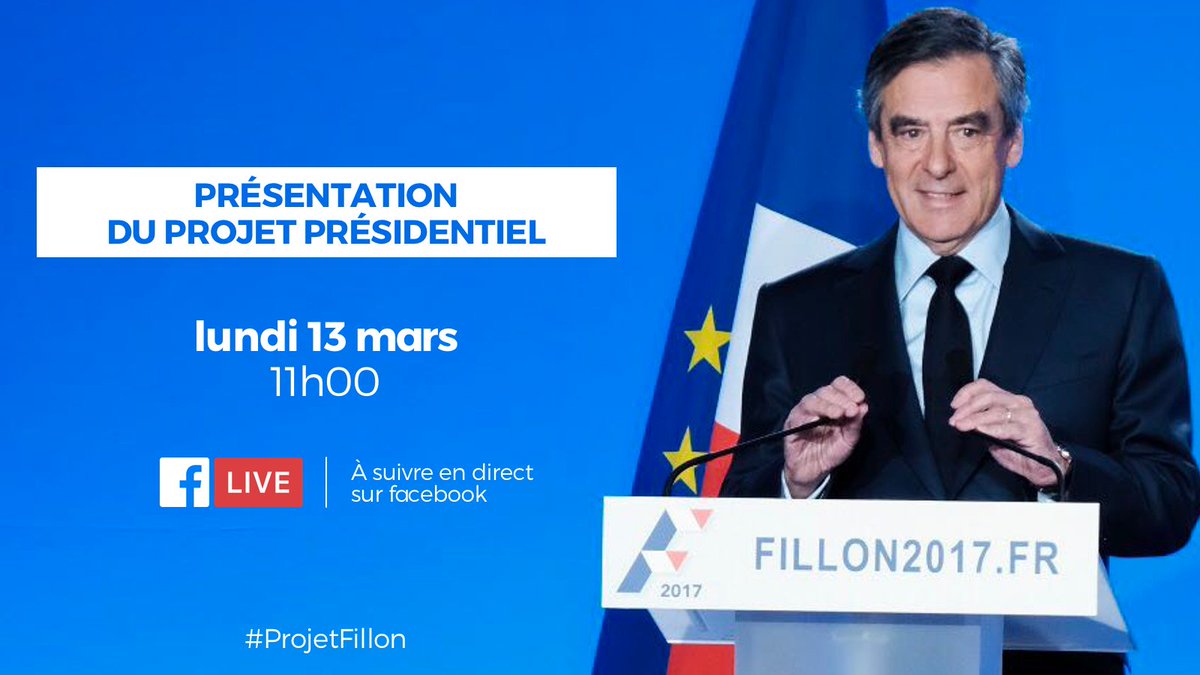 À 11h, je présenterai mon projet présidentiel. Suivez la conférence de presse en direct sur Facebook et partagez avec #ProjetFillon.