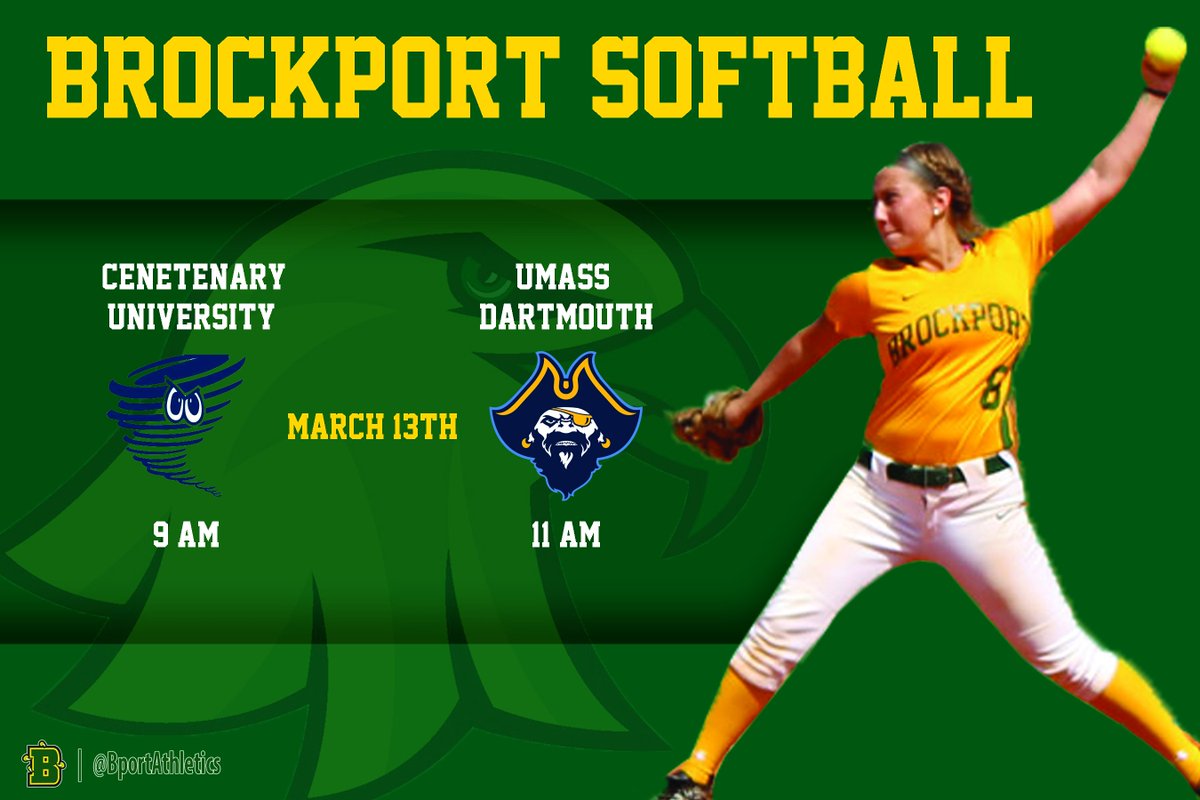 ⚾️: <a href="/BPortSball/">Brockport Softball</a>  vs Centenary University &amp; UMass Dartmouth
📍: Florida
🕖: 9 A.M. &amp; 11 A.M.
📈🎥: portal.stretchinternet.com/brockport/#
#TalonsUp