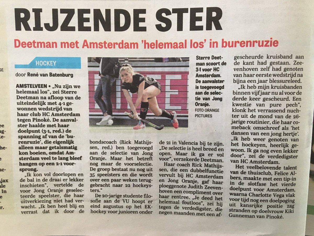 📰| "Nu zijn we helemaal los" zegt <a href="/AHBCAmsterdam/">AH&BC Amsterdam</a> speelster Sterre Deetman vandaag in de Telegraaf na de 4-1 winst op Pinoké gisteren. 🏑