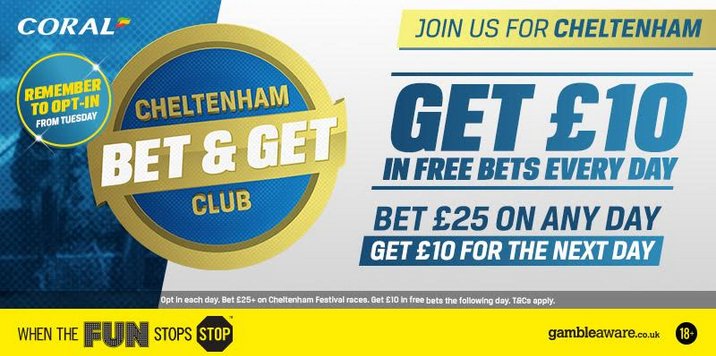 Coral's tweet image. To celebrate our Bet &amp;amp; Get club for EVERY day of Cheltenham we're giving away 5x £100 free bets. RT &amp;amp; follow to enter! #JoinUs4Cheltenham
