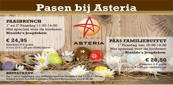 #Pasen bij Hotel #Restaurant Asteria #Venray: #Paasbrunch , Paas Familiebuffet, Paas #diner dansant met live muziek. ow.ly/b5Yn308XNSk
