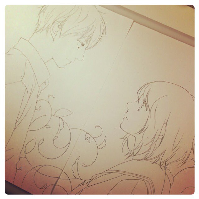 別マ4月号発売です!ふりふら第22話もよろしくお願い致します!今月は表紙&巻頭やらせていただいてます 見開きの扉絵は背中合わせのふたりですが下絵の時は向き合った時ちゃんと目が合って絵が繋がるように描きました 今のふたりの状況を表せたんじゃないかなーと思ってます☺️