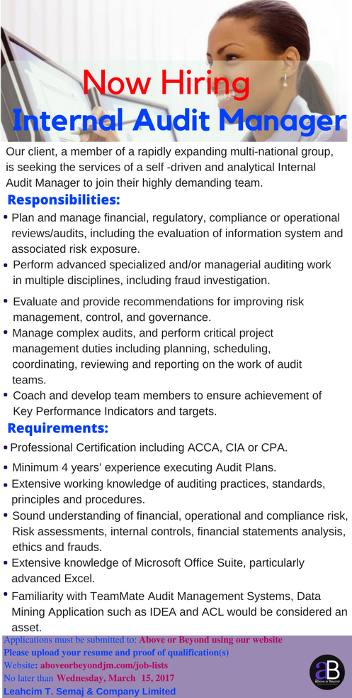 aboveorbeyondjm's tweet image. Vacancy for the position of #InternalAuditManager
#GetConnected visit our website:aboveorbeyondjm.com/job-lists