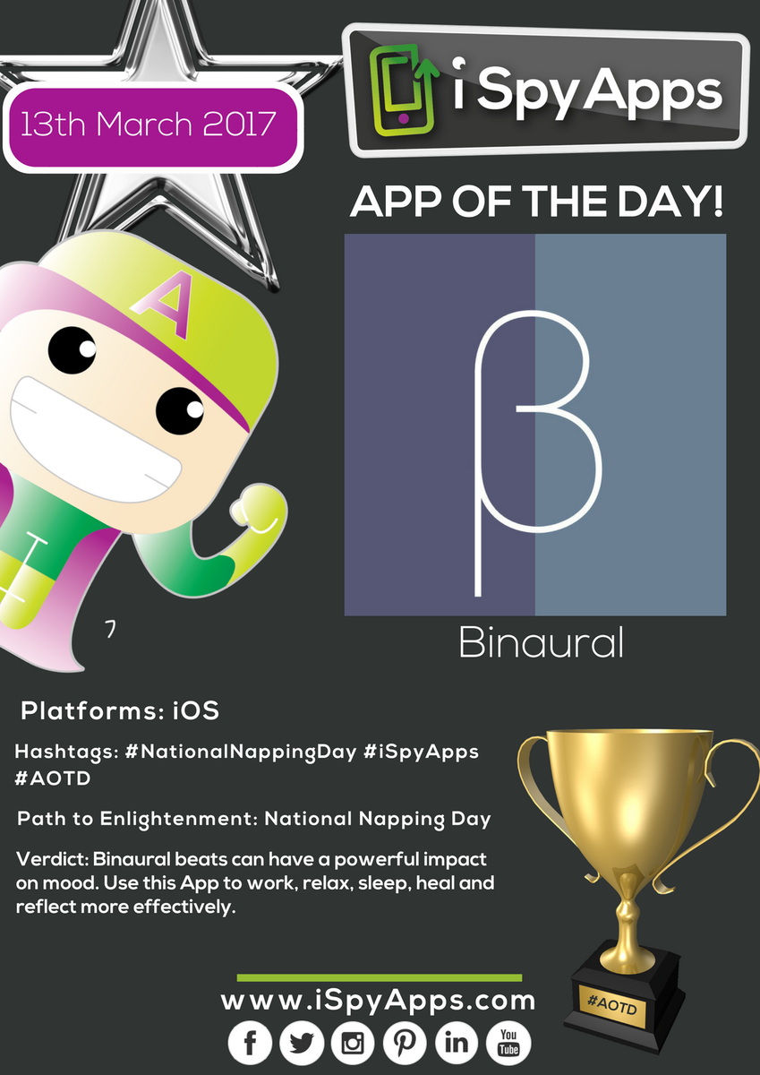 iSpyAppsGames's tweet photo. It's #NationalNappingDay! Can't sleep? Our #AppOfTheDay, @mipstian's BINAURAL, can help you relax and more with the healing power of sound! https://t.co/LMHCYoRJOX
