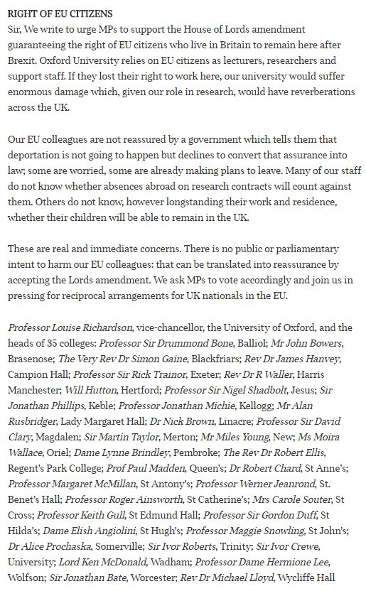 Strong letter in @TheTimes today: Heads of 35 <a href="/UniofOxford/">University of Oxford</a> colleges urge MPs to allow EU citizens right to stay after Brexit