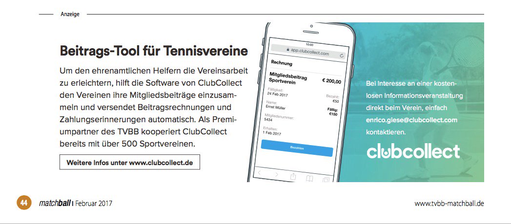 ClubCollectDE's tweet photo. Entdecke ClubCollect im Tennismagazin "matchball" vom Tennisverband Berlin-Brandenburg e.V.

#VEREINfachung #ClubCollect https://t.co/QKgFRjqqS8