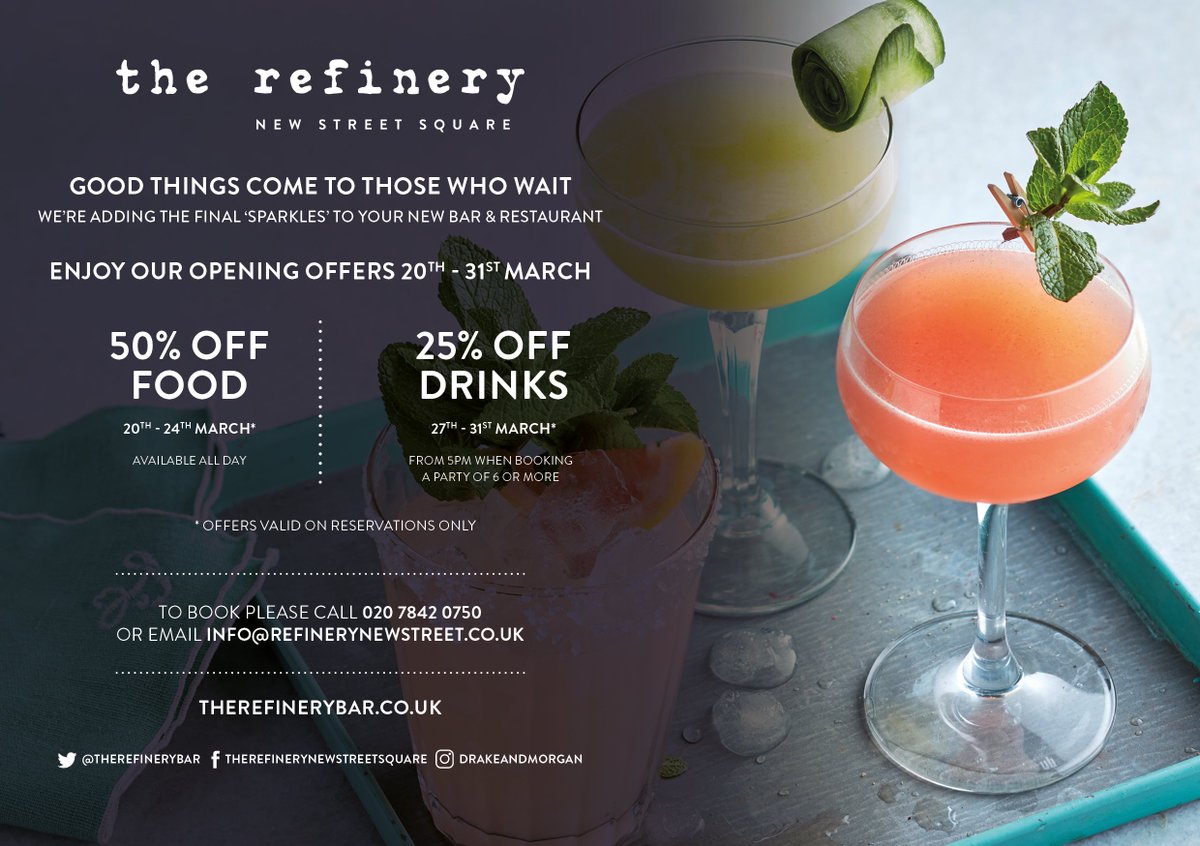 CorneyBarrowBar's tweet photo. This time next week @therefinerybar #newstreetsquare by @DrakeandMorgan opens! Make the most of its soft launch #mondaymorning #comingsoon https://t.co/FN4mVe2xZp