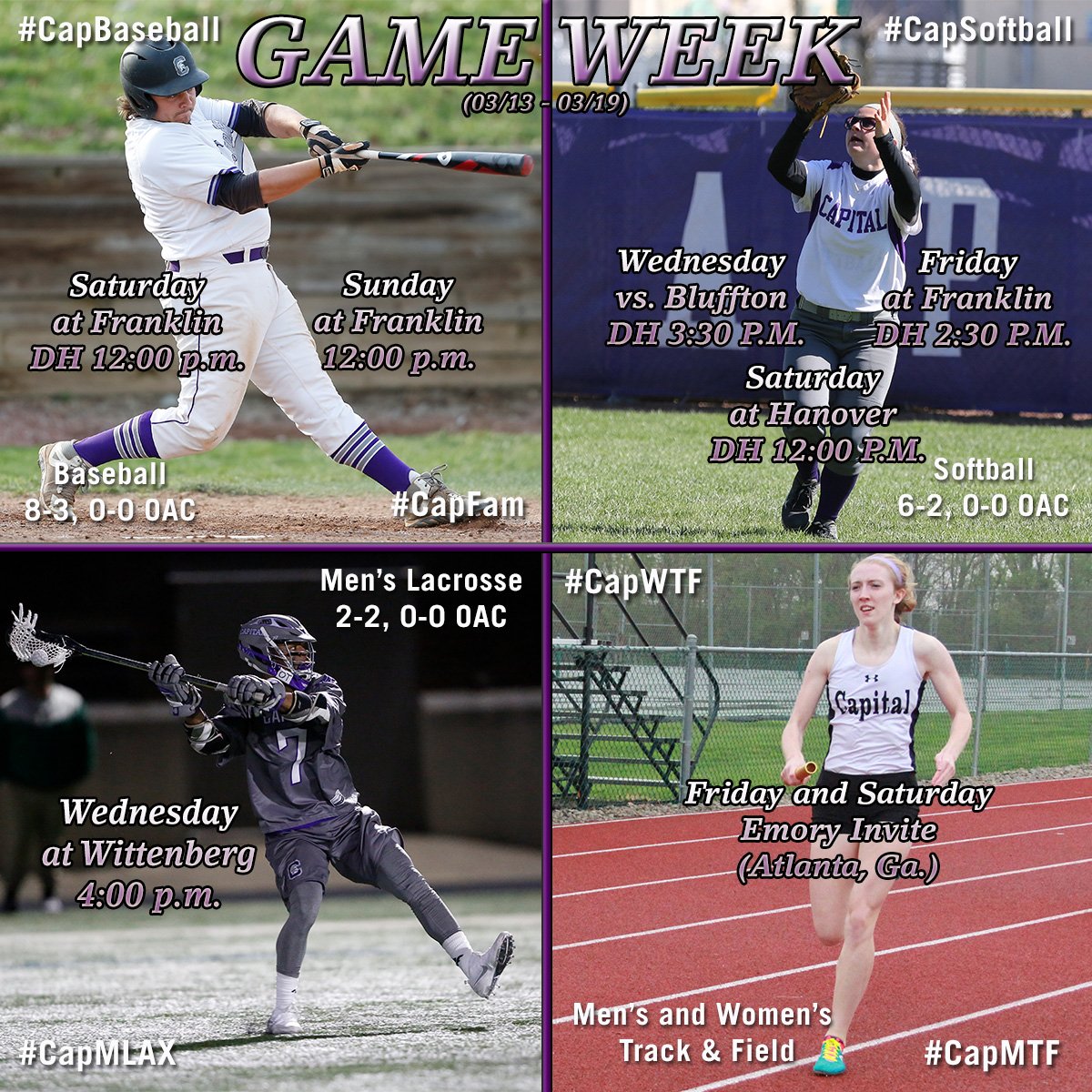 cap_athletics's tweet photo. Don't miss this week's action. Which events will you be attending? #CapFam #CapWTF #CapMTF #CapMLAX #CapSoftball #CapBaseball https://t.co/KQbkAJdu3f