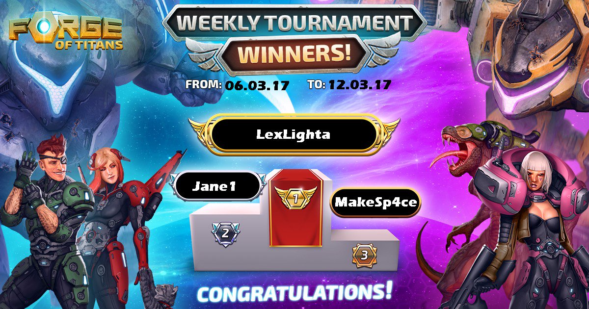 ForgeTitans's tweet photo. Winners from last week' tournament are...
#BattleBegins #ForgeofTitans https://t.co/YgatEG6iqT