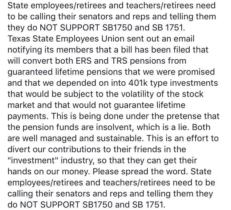 indtx36's tweet photo. Call your TX Senator in #txlege to OPPOSE SB1750 &amp; SB1751 to save state and teacher pensions. https://t.co/y7GIo9knOS