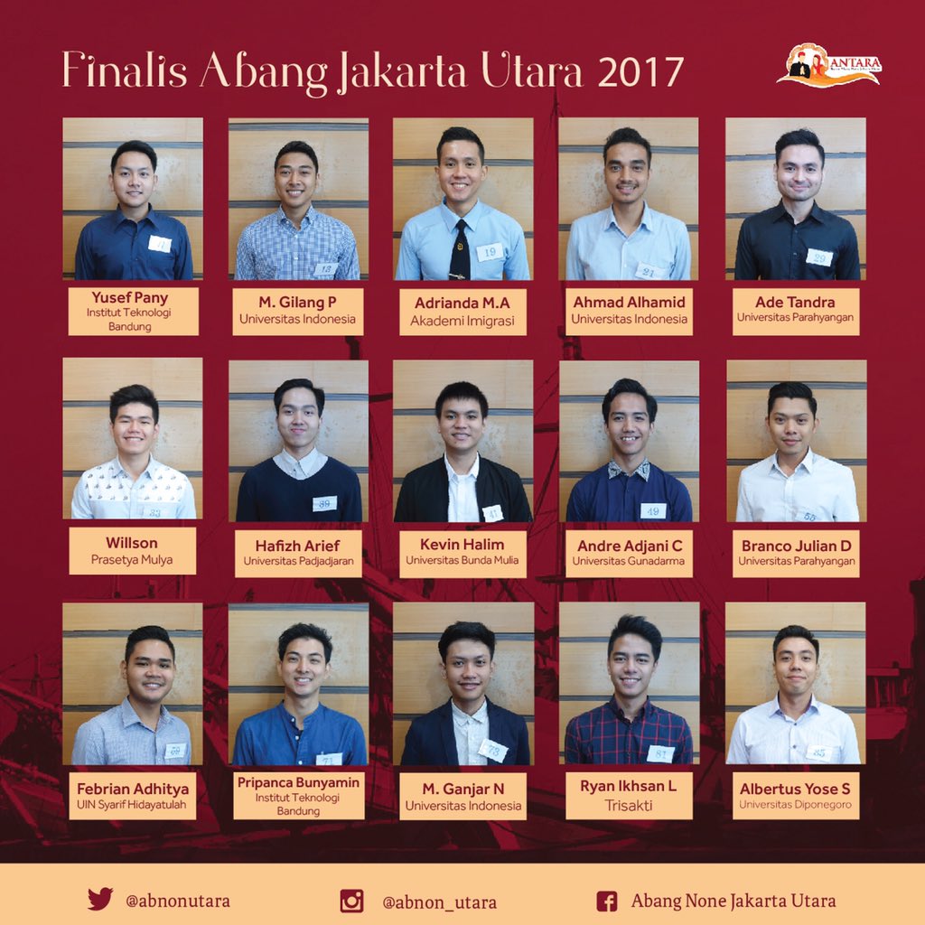 Selamat kepada seluruh Finalis Abang Jakarta Utara 2017 yang telah terpilih, Selamat bergabung Bang! Sampai jumpa besok 🙏🏻 #AbnonUtara