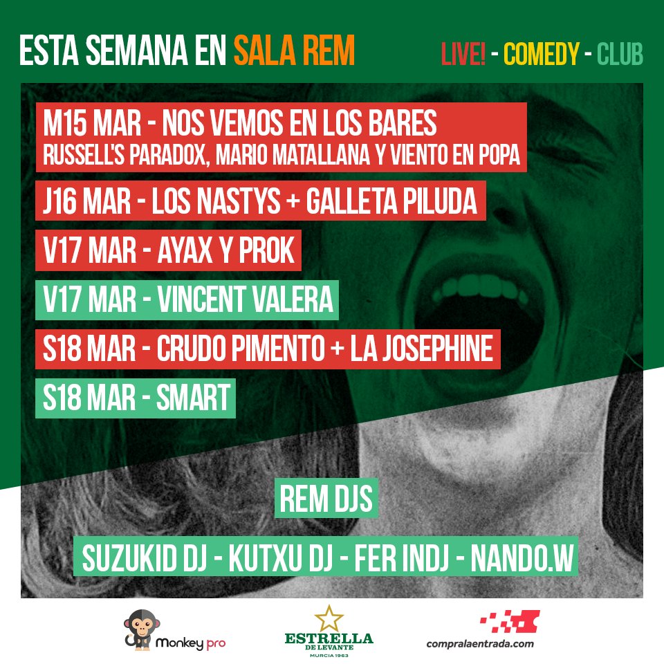 ¡Comienza una nueva semana en <a href="/SalaRem/">Sala REM</a>! <a href="/CrudoPimento/">Crudo Pimento</a> <a href="/losnastys/">Los Nastys</a> <a href="/ayaxyprok/">los gemelos de satán</a> @IJMurcia <a href="/vincentvalera/">Vincent Valera</a> <a href="/david__SMART/">Smart</a> <a href="/galletapiluda/">Galleta Piluda</a>