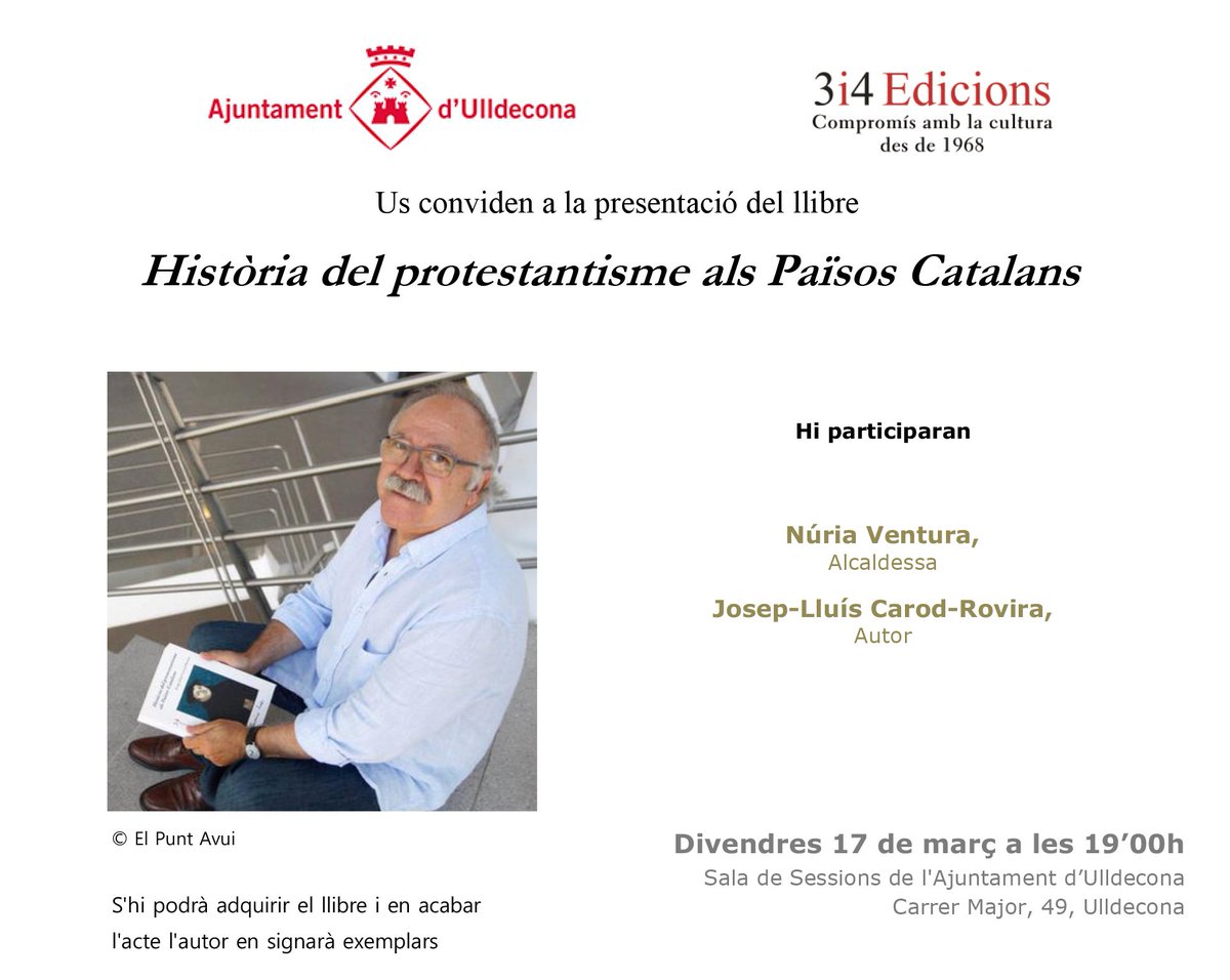 AjuntUlldecona's tweet image. @CarodRoviraJLl presenta divendres a #Ulldecona el seu darrer llibre &quot;Història del protestantisme als Països Catalans&quot; #PereGalés