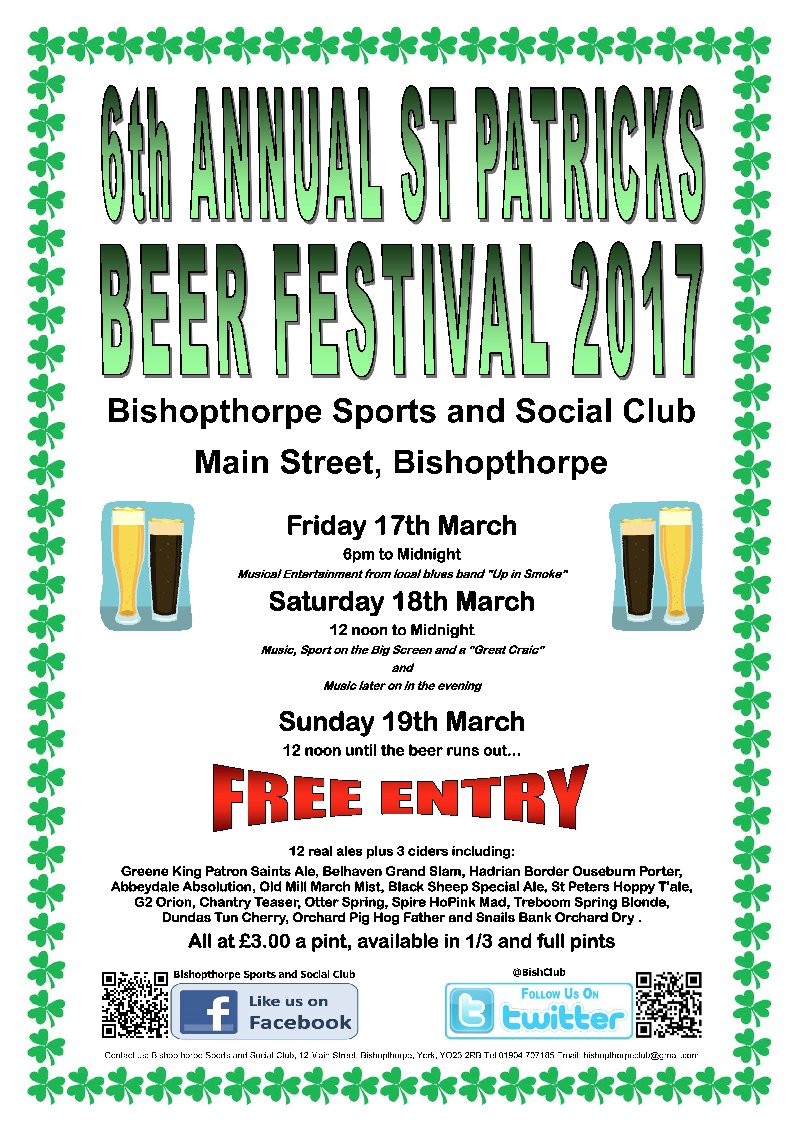 Need some #mondaymotivation there's a beer festival <a href="/BishClub/">Bishopthorpe Social</a> this weekend #StPatricksDayCelebration #realale #Yorkshire