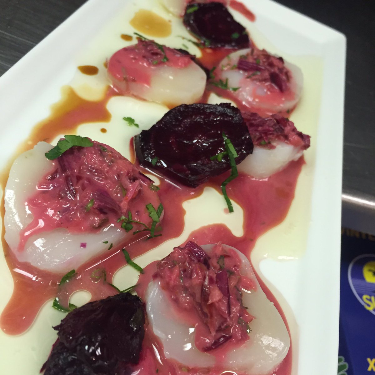charlesmereday's tweet photo. Scallop Beet Crudo, Ginger, Thai Chile Soy #milesquarebistro #indy https://t.co/D31pBWw0v4