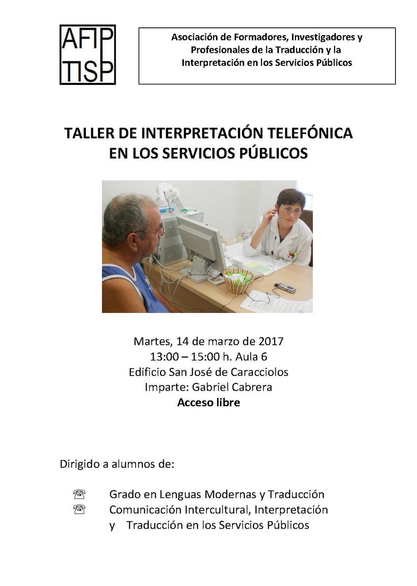 Gabriel Cabrera (@tuitsdegabriel) on Twitter photo Mañana imparto en <a href="/UAHes/">Universidad Alcalá</a> un taller sobre #InterpretaciónTelefónica en los servicios públicos para todos los alumnos que estén interesados. Mañana imparto en <a href="/UAHes/">Universidad Alcalá</a> un taller sobre #InterpretaciónTelefónica en los servicios públicos para todos los alumnos que estén interesados.