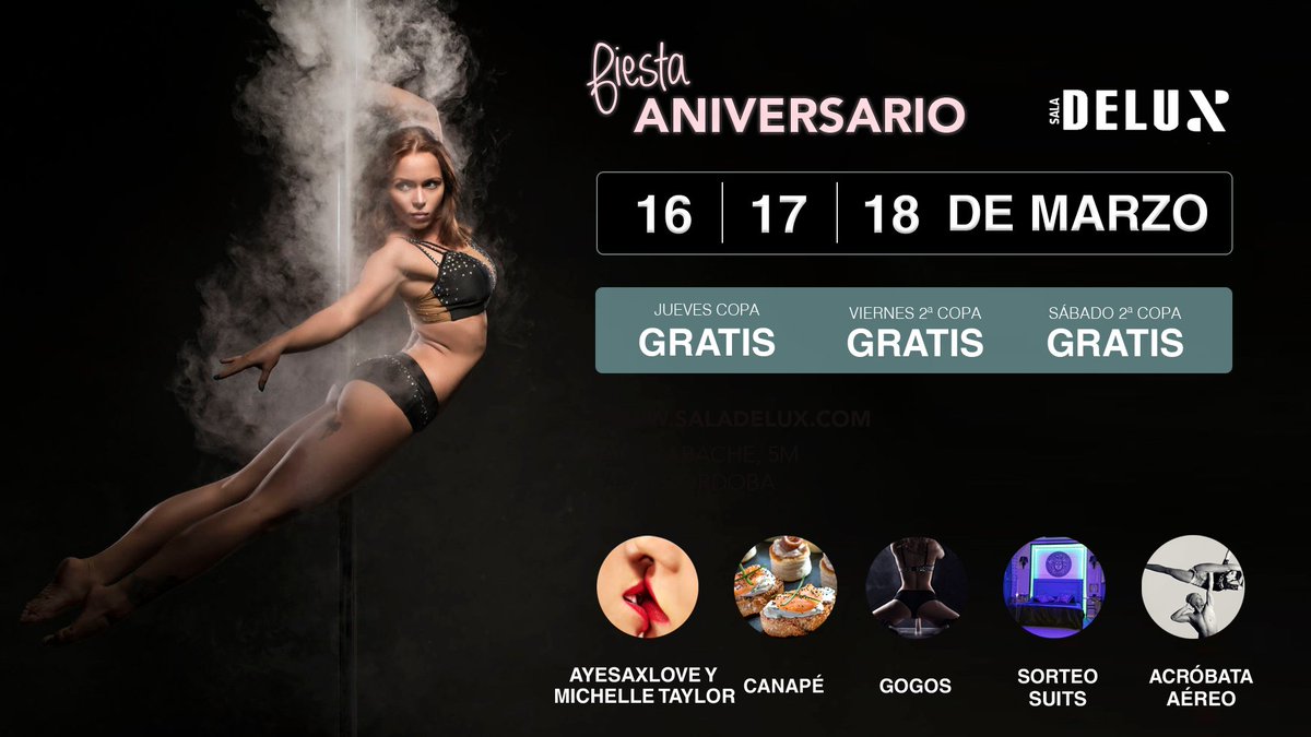 salaPk2cordoba's tweet photo. GRAN #ANIVERSARIO @SalaDelux #espectáculo #lesbico @ayesax  y @_MichelleTX #gogos #sorteo #suite lujo #acrobacia #aerea #copasgratis #canape https://t.co/2thygCQrc3