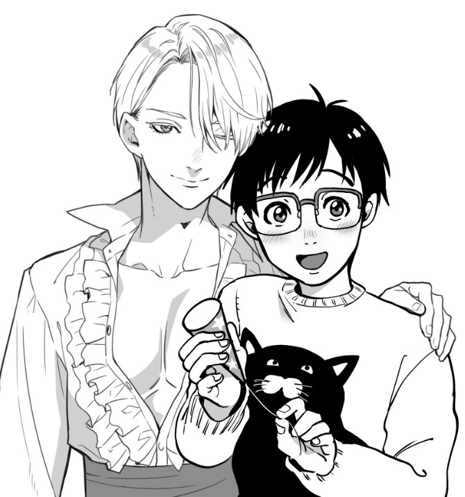 大車輪さんのラフを元に描いたよ!最初はポップなヴィク勇だったけど、私の作風を考慮してくれてムスクの香り漂うヴィクトルに修正してくれました。中条さんおたおめ! 