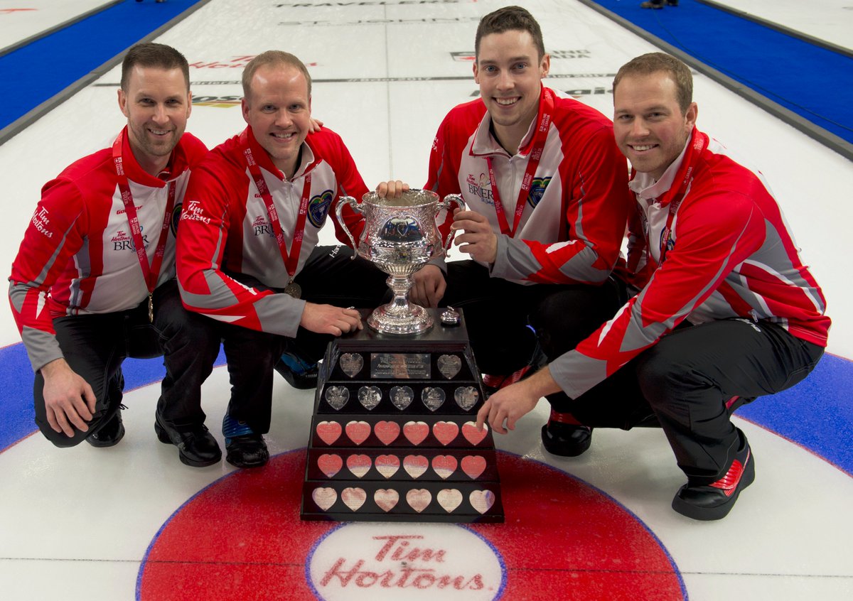 TimHortons's tweet photo. Home is where The Rock is. Congrats to Brad Gushue, Mark Nichols, Brett Gallant and Geoff Walker for the big #Brier2017 win! https://t.co/2OP6QAglzd