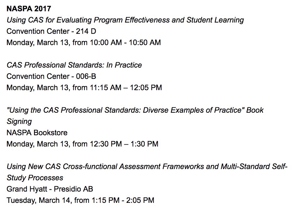 CAS_Standards's tweet photo. Hey #CASfans! Don't miss these great CAS sessions during your time at #NASPA17! #SAassess #RaiseYourStandards https://t.co/8NK1oNtjCt