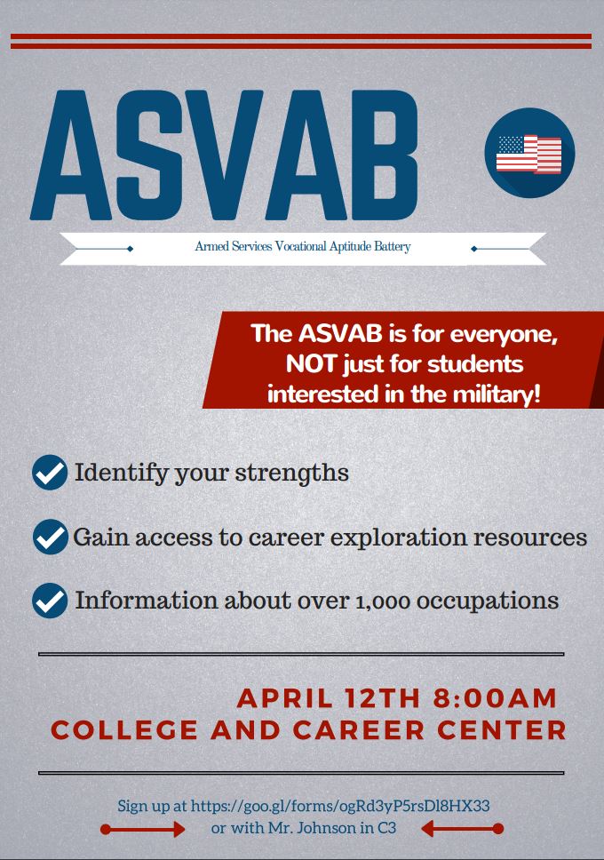 ASVAB Testing next month.  For more info visit the Career Center