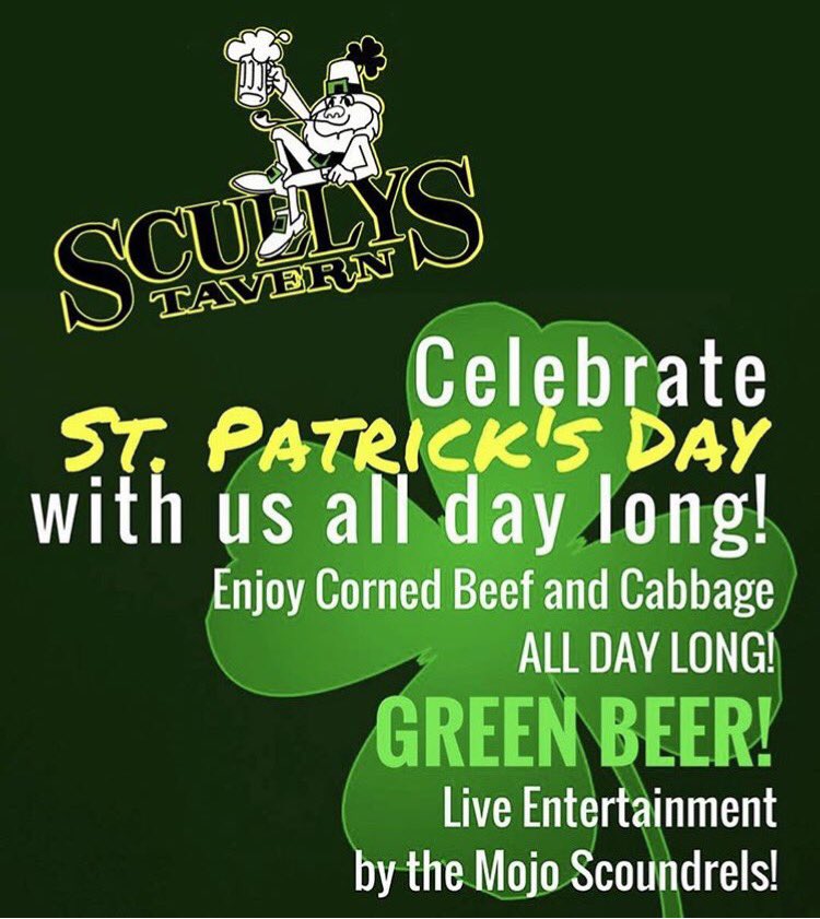 ScullysTavern's tweet photo. Get ready for St. Patrick's Day! Join us for an all day celebration! 🍀 https://t.co/guvotVZgFN
