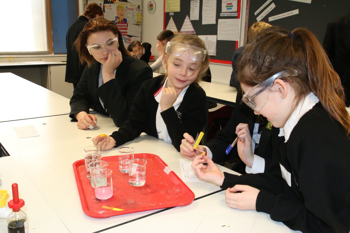 MerchantsAc's tweet image. Y3 receive guidance from Y10 - learning about pH values, &amp;amp; identifying acids from alkalines. #LearnThroughTeaching #BSW17 @ScienceWeekUK
