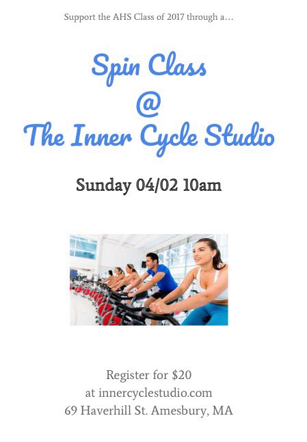 Amesbury2017's tweet photo. Jump on a bike for a great workout and support the Senior Class of 2017! Only $20 and in Amesbury! 🚴🏻🙌🏻😎 https://t.co/5V7tilgS9O